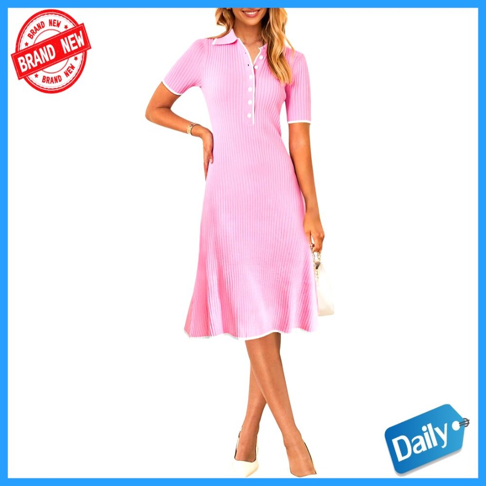 V-Neck Ribbed Midi Dress Short Sleeve Button Bodycon Knit Sweater Dress